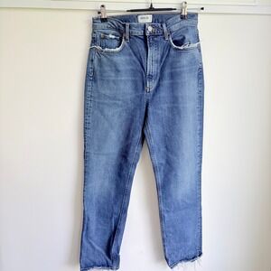 AGOLDE High Rise Stovepipe Jeans Sz 28 90s Mom Blue Distressed Raw Hem Denim‎